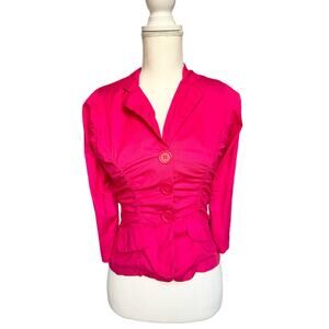 Vintage Vixen Hot Pink Cotton 3/4 Sleeves Shoulder Pads Cropped Blazer Blouse